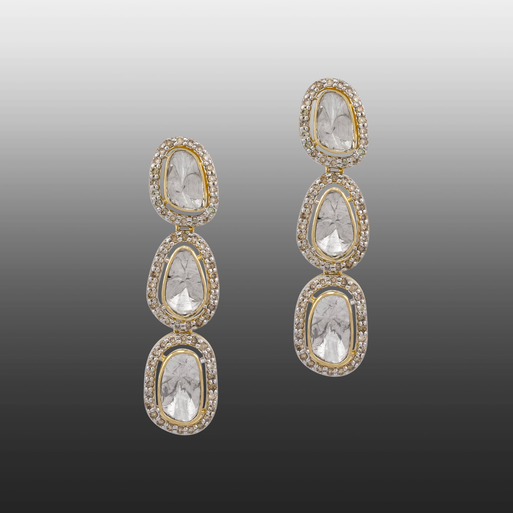 Tri-Tier Polki Earring with Full-Cut Diamond Halo Borders